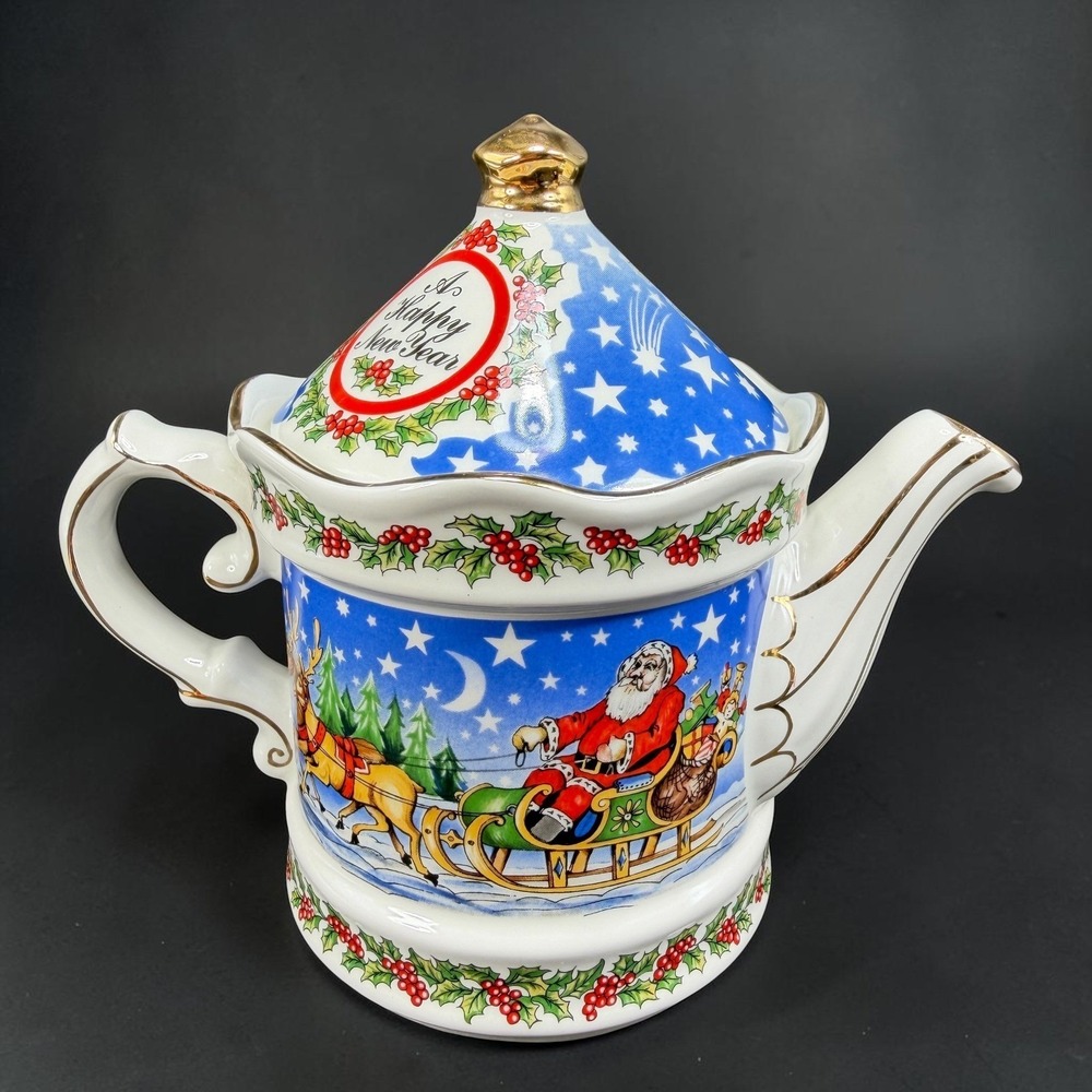 Sadler Christmas Eve Teapot Staffordshire England Santa Sleigh Reindeer 1991
